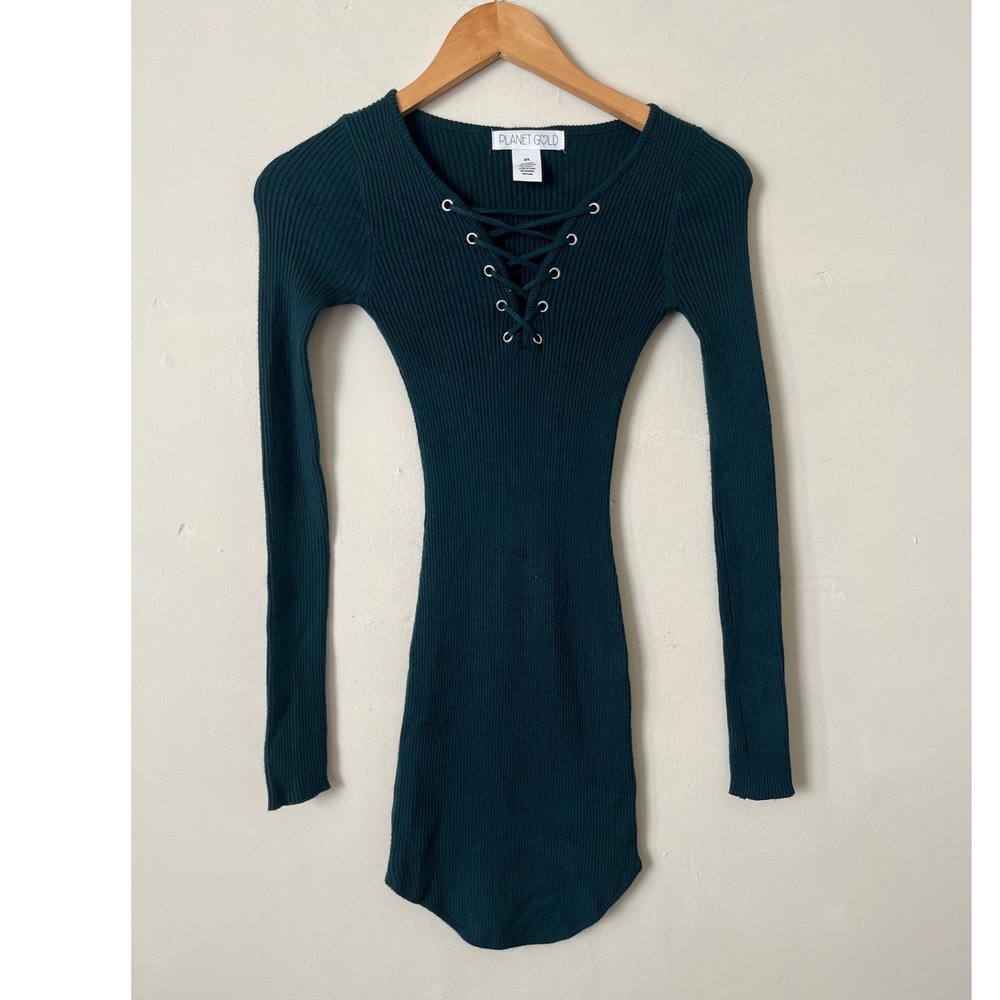 Planet Gold Womens Ribbed Lace Up V-Neck Sweater Dress Forest Green XS